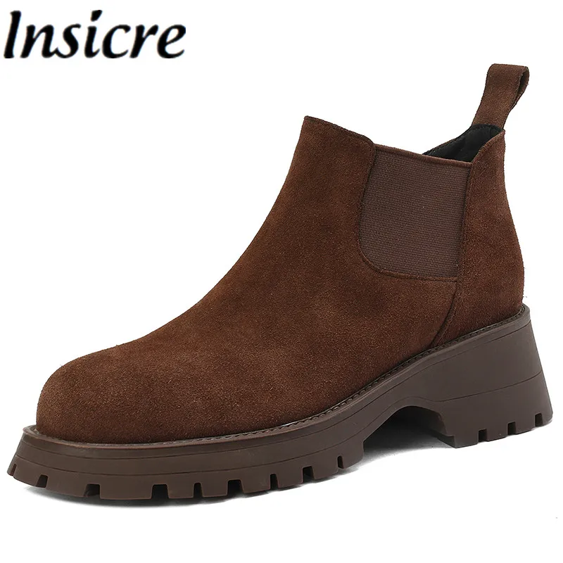 

Insicre 2023 Classic Handmade Office Women Ankle Boots Cow Suede Round Toe Thick High Heels Platform Winter Shoes Big Size 41