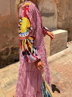 2024 Autumn Fashion New Women's Loose Long Sleeve Striped Splicing V-neck Lantern Sleeve Printed Loose Long Dress - Image 5