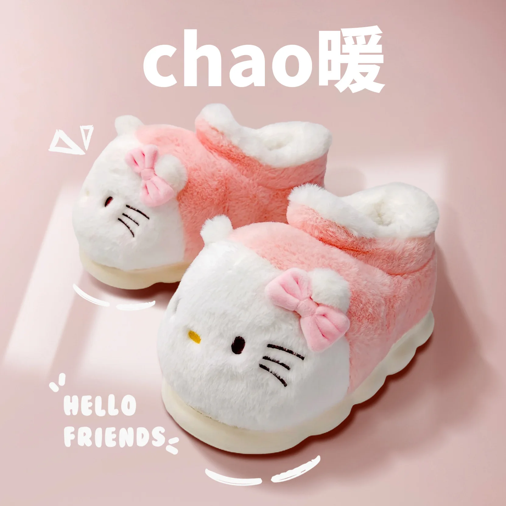 

Cute meow cat slippers with fur cotton home slides ladies slip on plush booties female shoe 2023 cartoon animal fur shoes