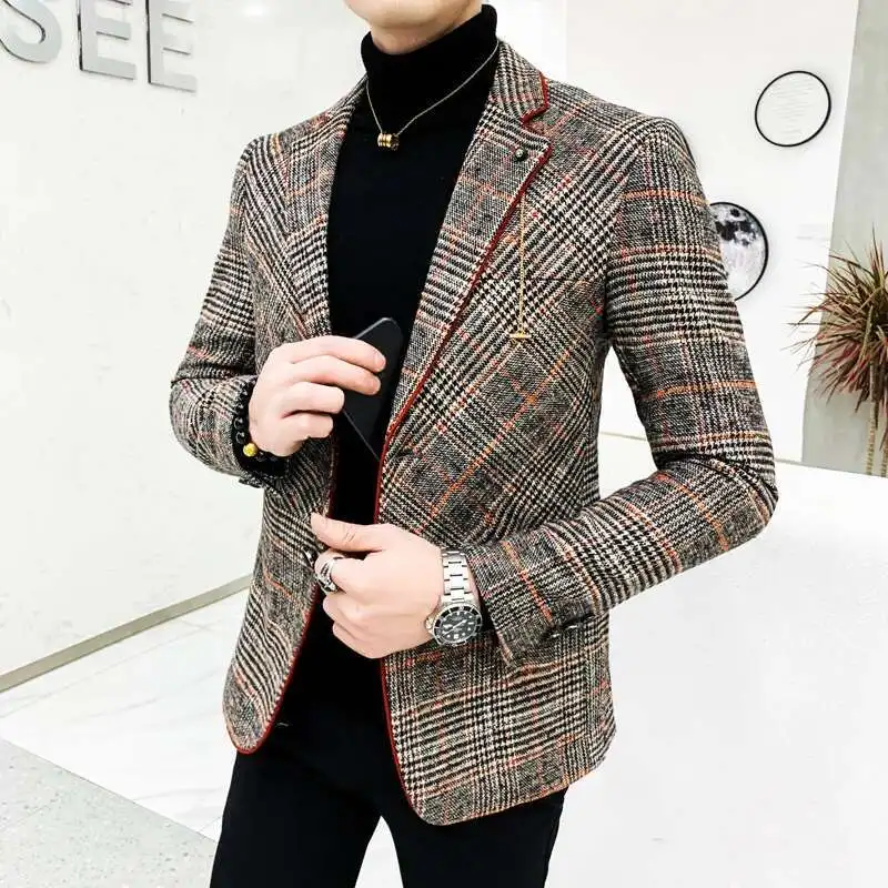 Men Wool blend Blazer Plaid Suit Jacket Men Blazer Masculino Vintage Terno Masculino Blazers Terno Blaser Homens