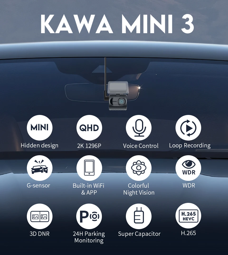KAWA Dashcam MINI 3 Sprachsteuerung Winzig 2K 1296P Farbige Nachtsicht 24H Parküberwachung WIFI, G-Sensor, Superkondensator, Auto-DVR – Detail 2