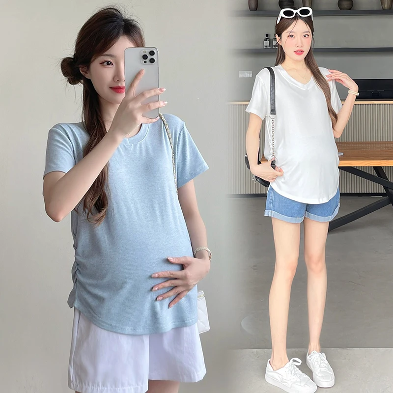 

Maternity T-shirts Summer Comfortable Tees Y2K Short Sleeve Solid Color Tees Pregnancy Women's Clothing Fashion V-neck Tops 2XL