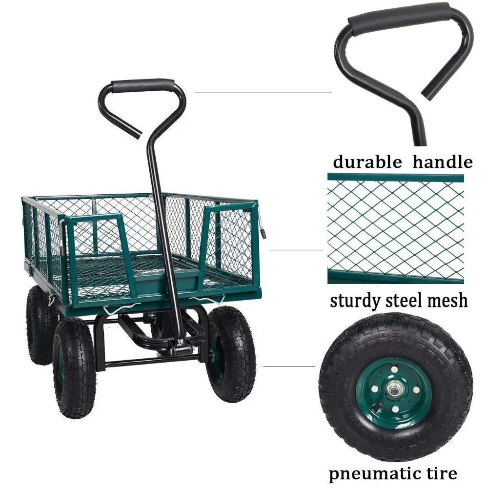 Garden Cart Heavy Duty 550lb Weight Capacity, Mesh Steel Metal Wagon Cart, Yard Cart with 180&deg; Rotating Handle