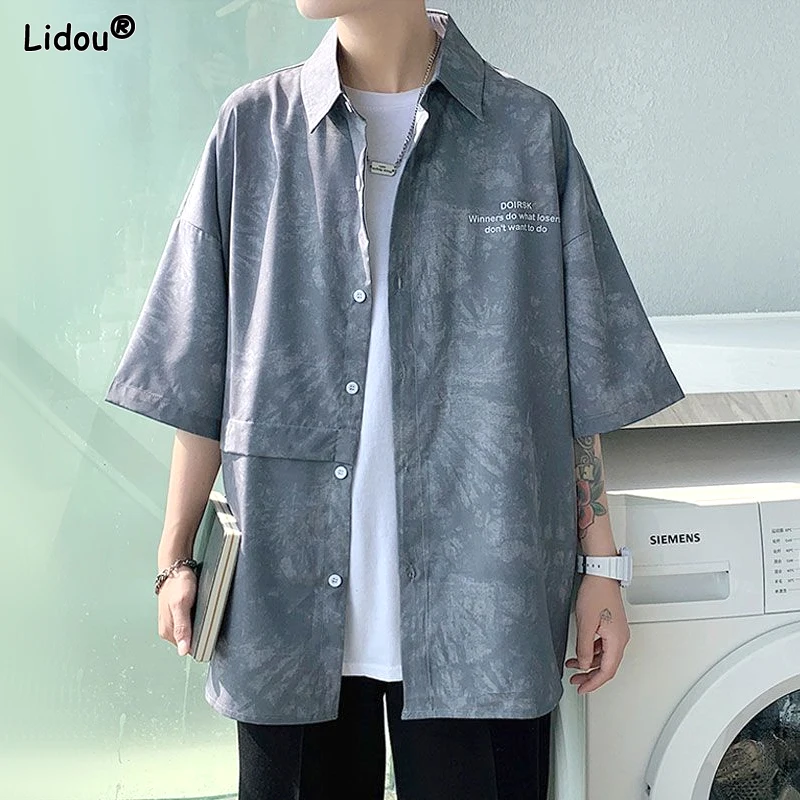 Shirts Men Turn-down Collar Loose Spring Summer Thin Tie Dye Button Short Sleeve Pockets Fashion Casual