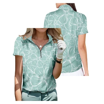 이국적인 꽃 디자인 반팔 골프 셔츠, 통기성, 빠른 건조, 하프 지퍼 탑, 패션 스트리트웨어, 여성 운동복