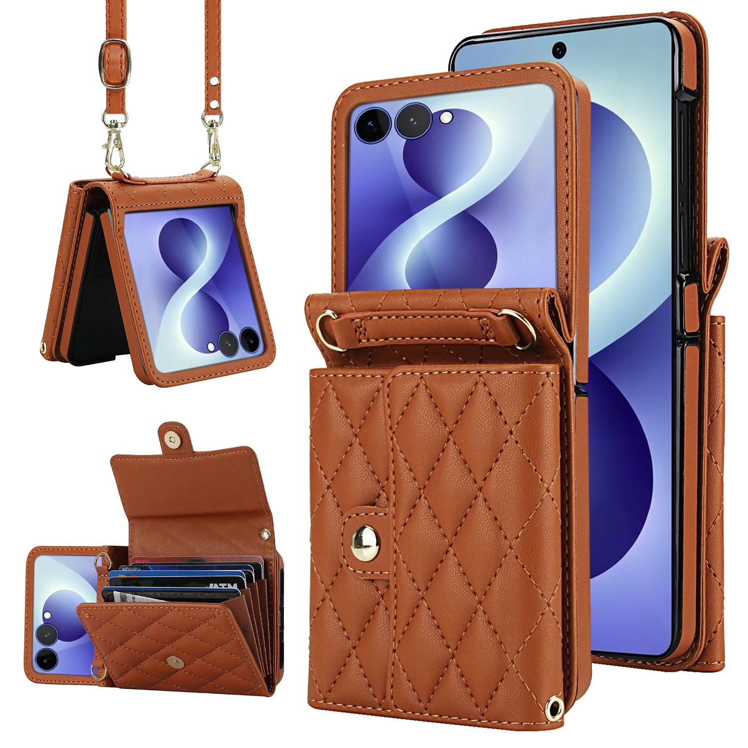 Luxury Foldable Leather Wallet Phone Case with Removable Crossbody Lanyard