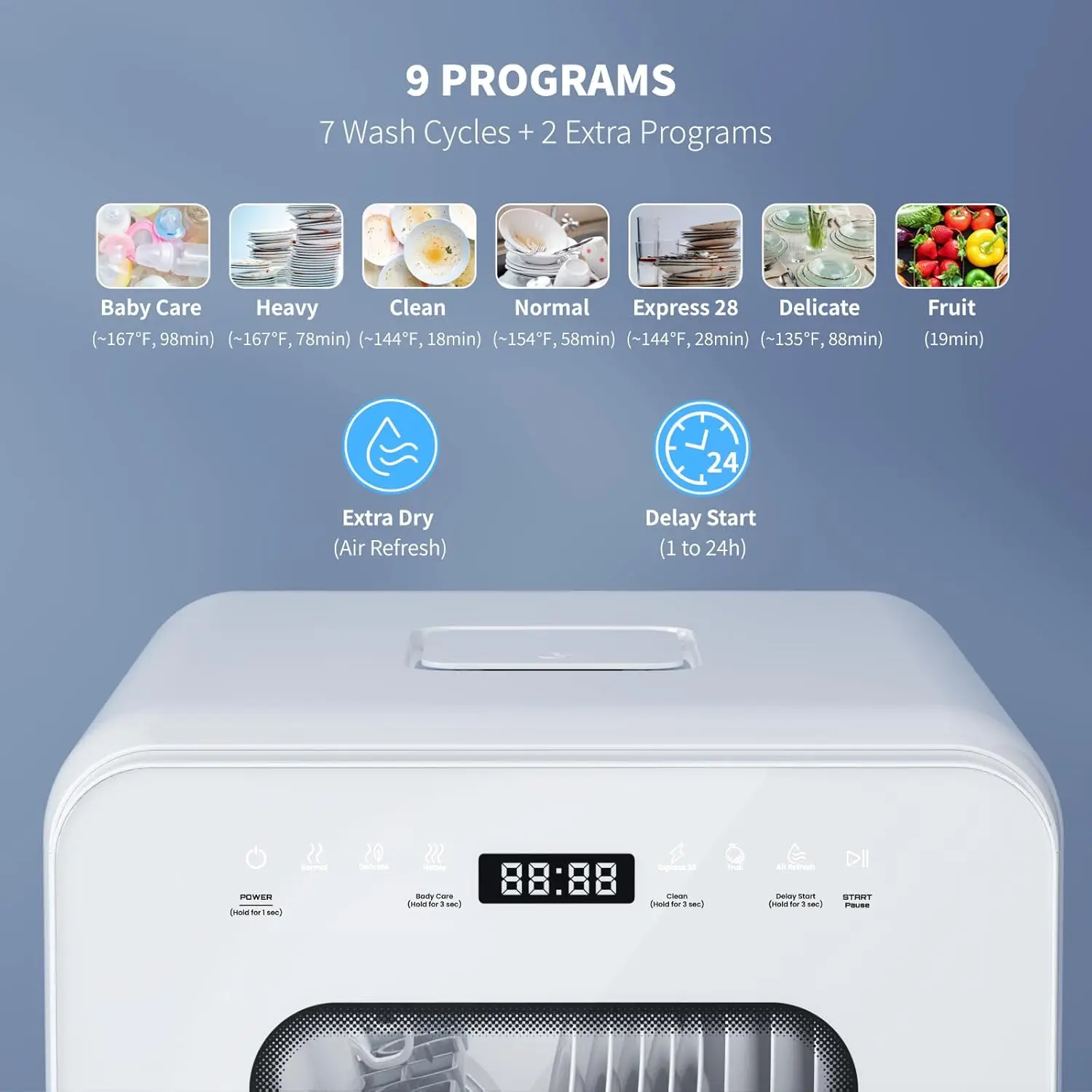 Portable Countertop Dishwasher with 5L Water Tank, Mini Dishwasher with 14.6” Ultra-Narrow Design, 9 Programs, 24H White 3