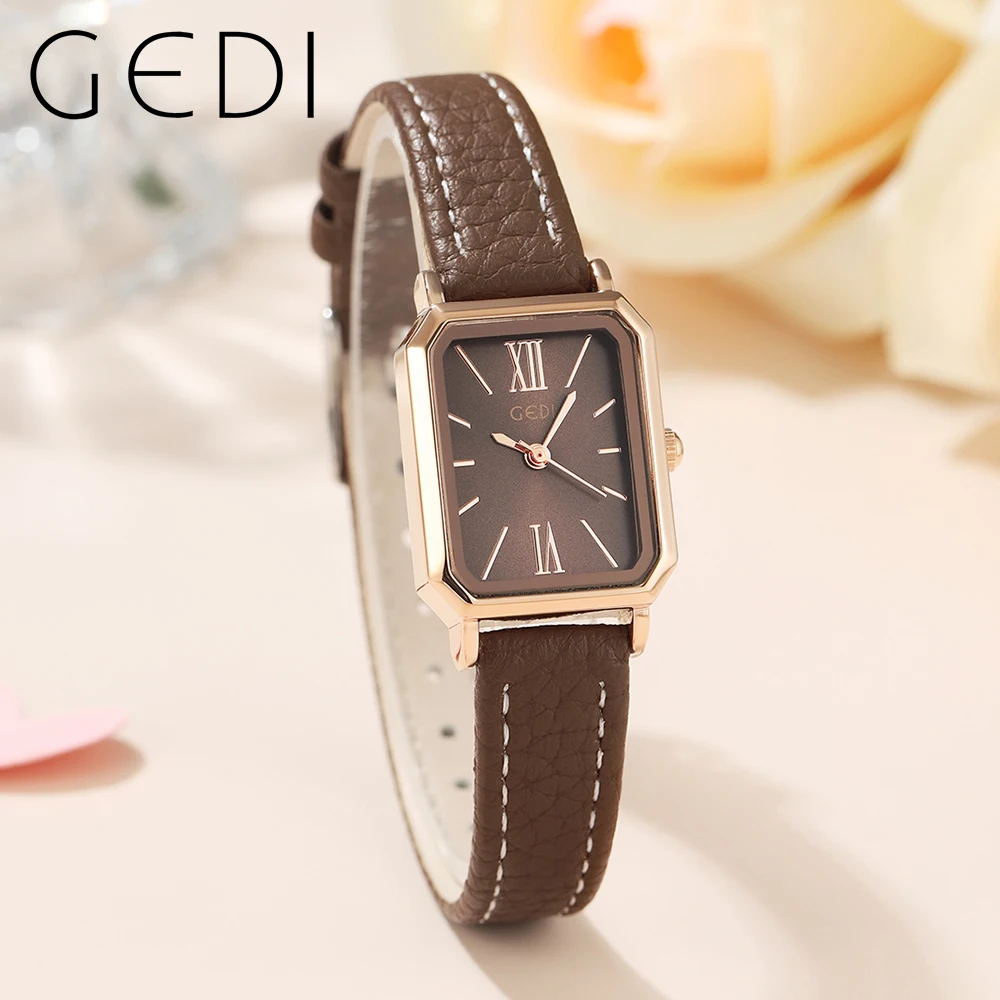 Fashion Gedi Top Brand Waterproof Rectangle Small Women Watches Vintage Coffee Leather Strap Casual Quartz Ladies Wrist Watches 5