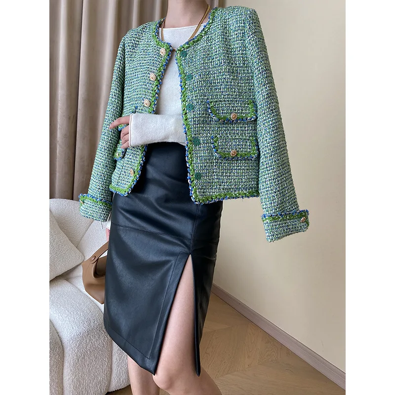 High Quality Luxury Brand Women Tweed Jacket Cropped Jackets Gold Button Outerwear Korean Chic Vintage Harajuku Office Lady Coat