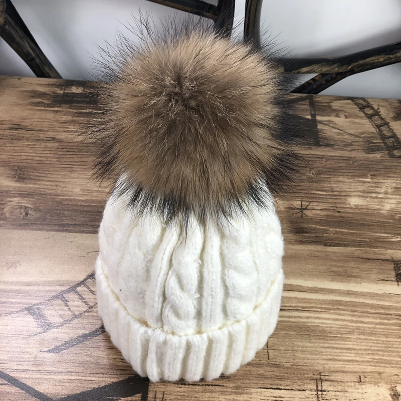 

Fashion Winter Adult Women Girl thick wool knitting beanies cap Casual Lady Real Fox fur Pompoms knit hat