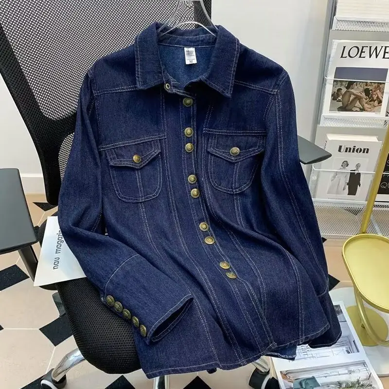 Retro metal button dark blue denim shirt female spring and autumn 2023 outerwear jacket design  minority shirt female