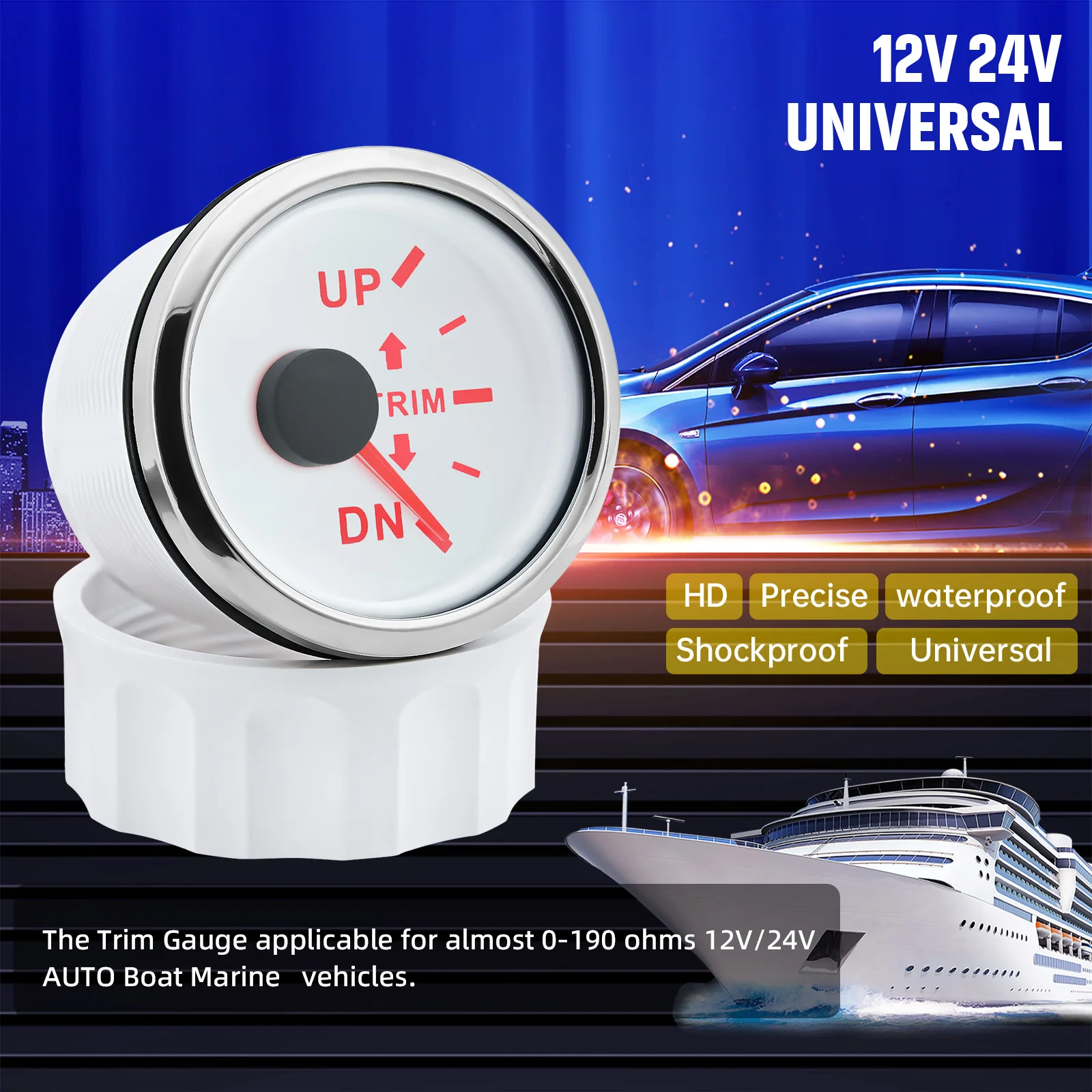 LED 백라이트 트림 게이지 센서, 자동차 보트 해양 보트 차량용, 7 색, 52mm 트림 계량기, 0-190ohm, 12V, 24V