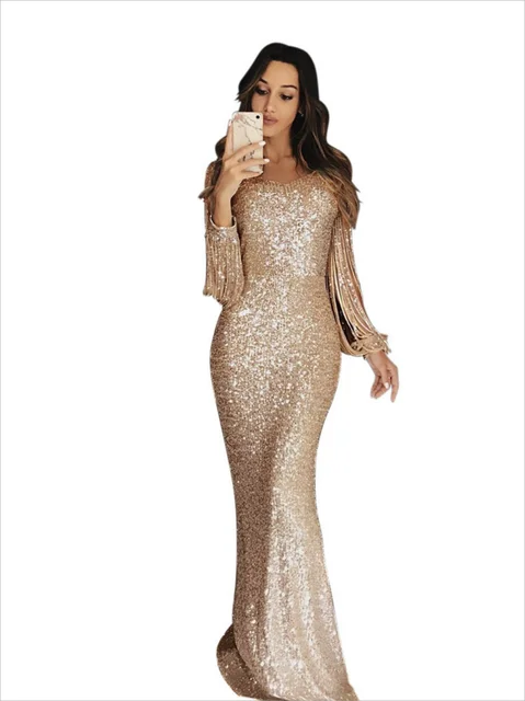 Women's European and American Long Dress Evening Dress Long Sleeve Tassel Dinner Dress 2