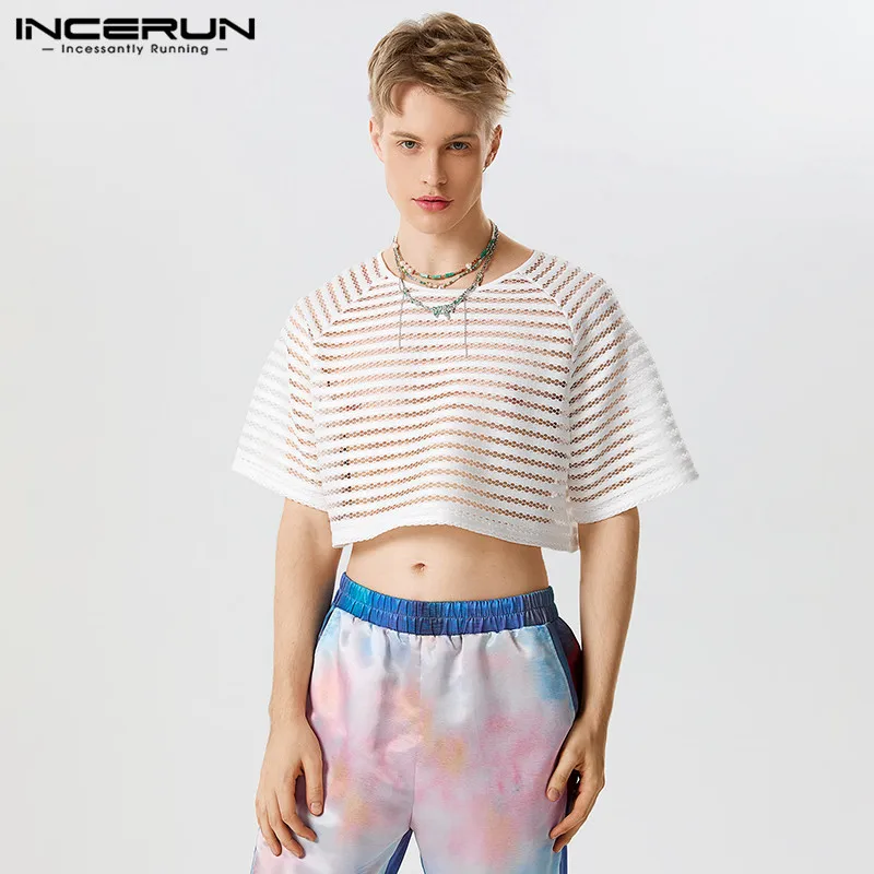 

Stylish Well Fitting Tops INCERUN Men's Horizontal Mesh Fabric See-through T-shirts Casual Hot Sale Short Sleeved Camiseta S-5XL