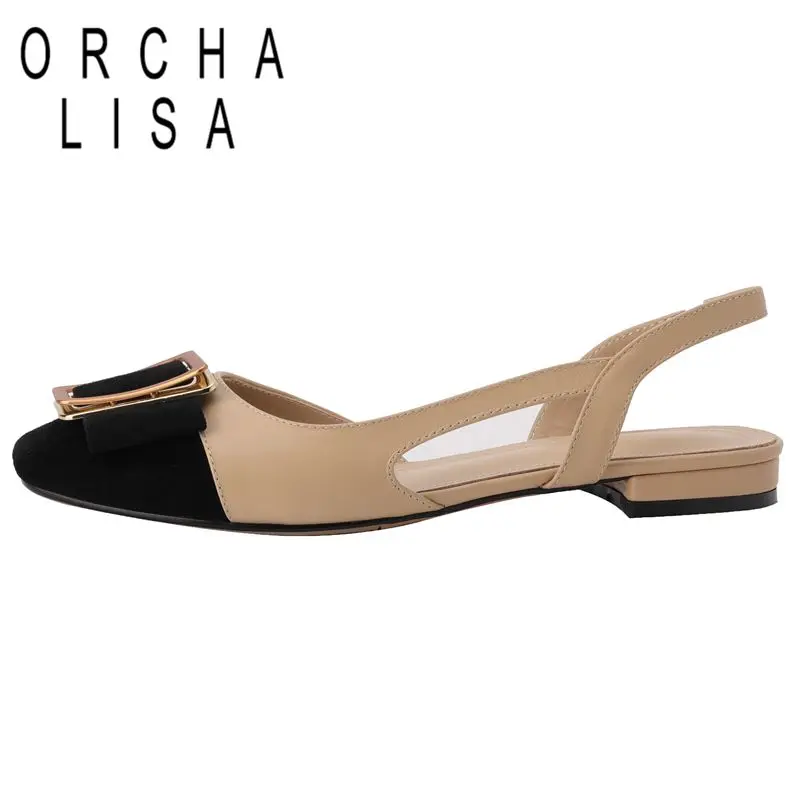 

ORCHA LISA Full Grain Leather Ladies Sandals Flats Cap Toe Back Strap Metal Decoration Plus Size 33-43 Mixed Beige Leisure S3896