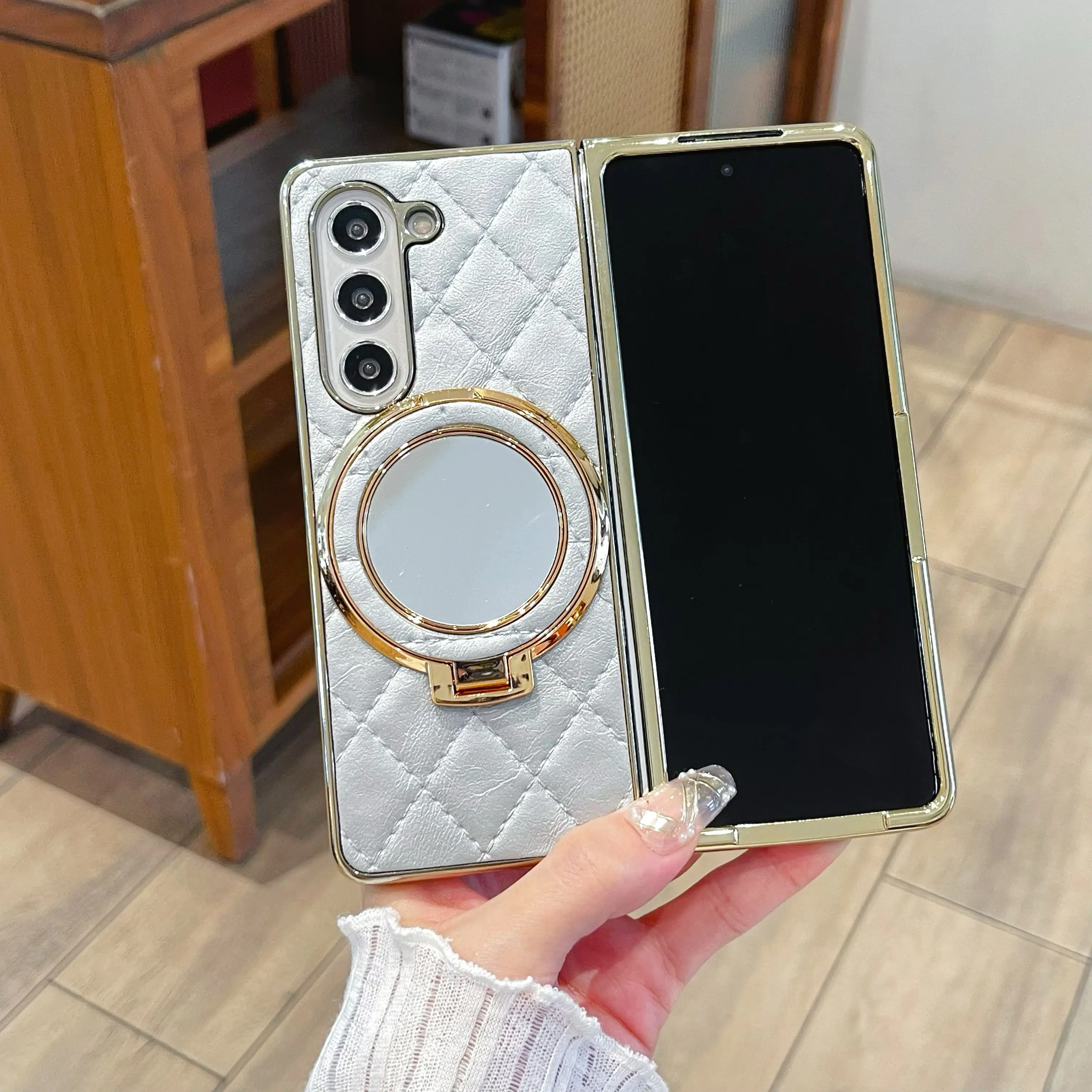 Luxury Leather Phone Case with Cosmetic Mirror Holder and Bracket