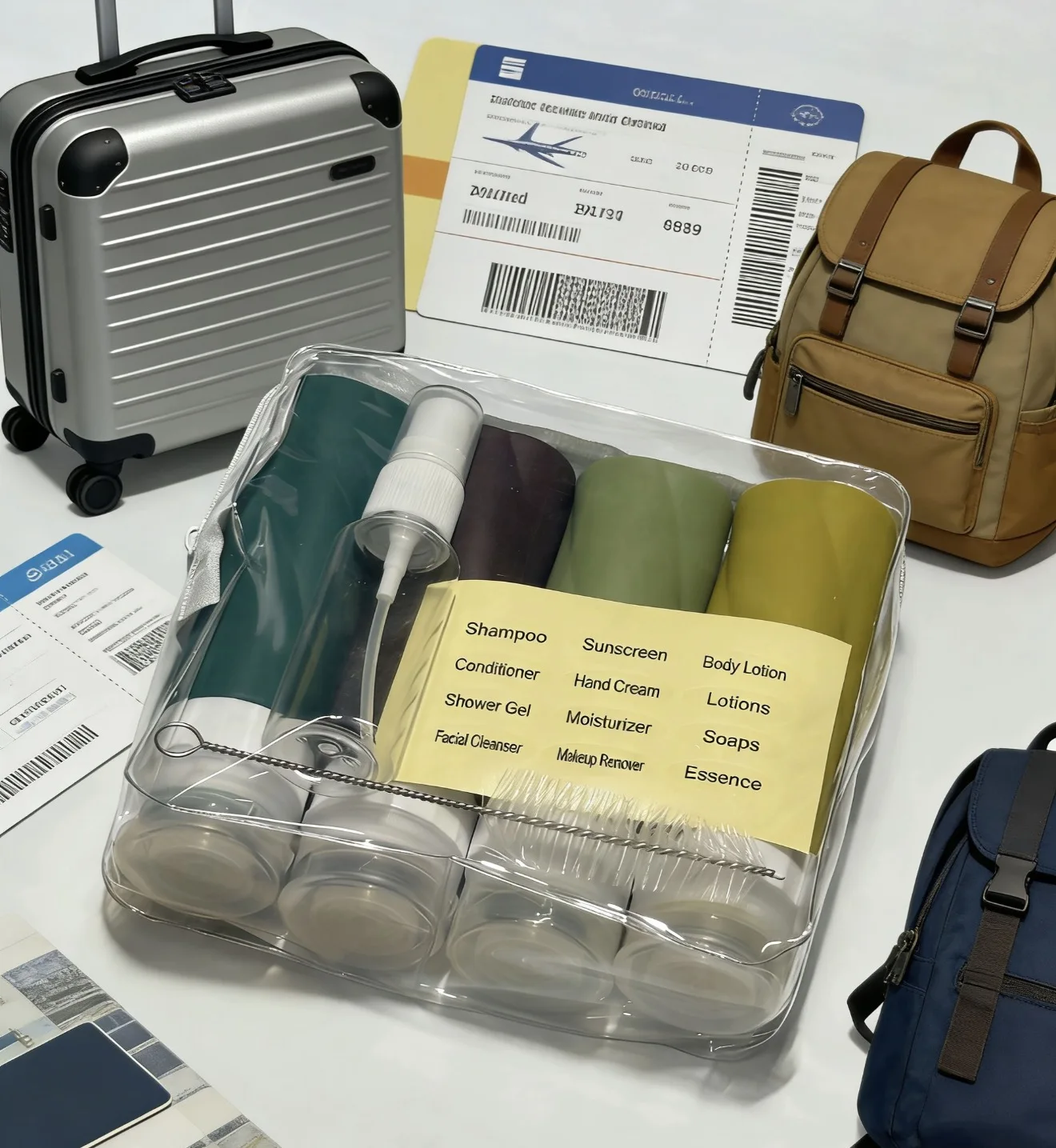 Deluxe Travel Toiletry Kit – Complete with Cleaning Brush, Stylish Travel Sticker, Handy 30ml Spray Bottle, Versatile Toiletry Bag, and Four 90ml Refillable Containers – Ideal for Cruises, Vacations, and Holiday Gifting