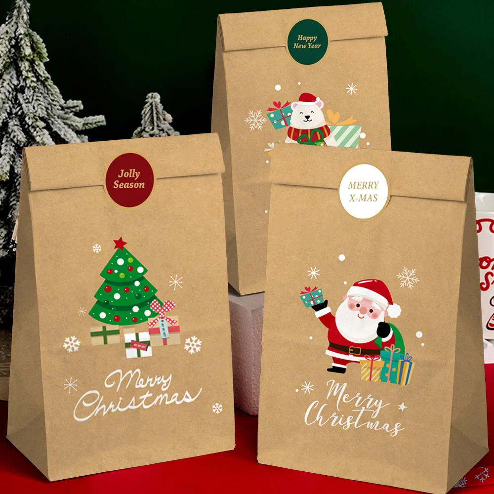 Christmas Gift Bag Holiday Party Candy Paper Bag Cookie Snack Gift Packaging Cheerful Snowman Elk Printed Pouch 12pcs