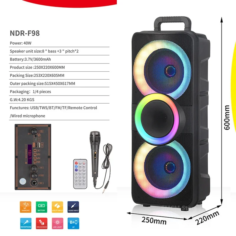 800W Dual 8 Inch Flame Lamp Outdoor Audio Karaoke Partybox RGB Bluetooth Speaker Colorful LED Light with Mic Remote Subwoofer FM