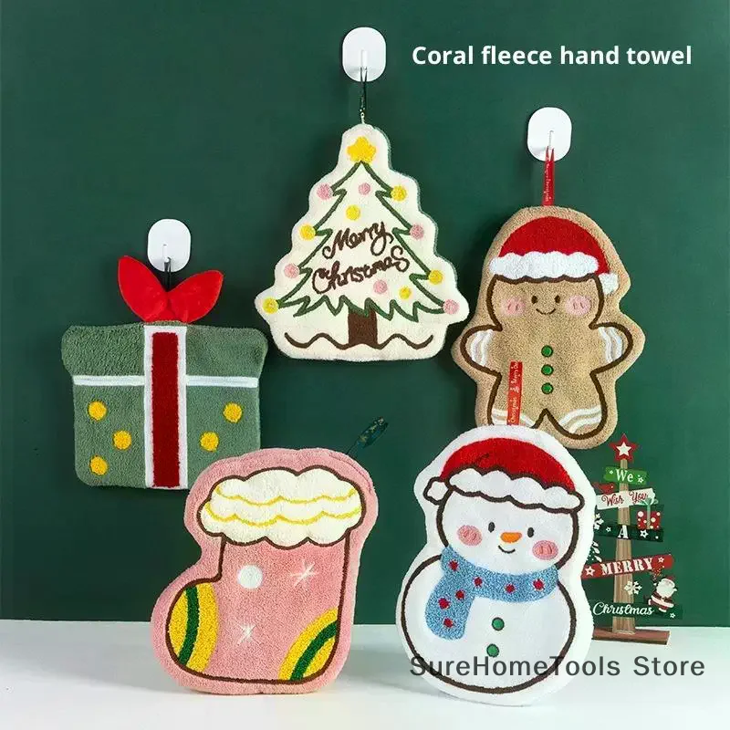 Christmas Coral Fleece Hand Towel Cartoon Gingerbread Man Snowman Tree Soft Absorbent Home Kitchen Bathroom Cleaning Cloth