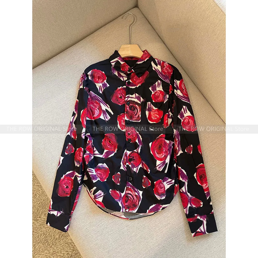

Temperament fashion design sense rose print long-sleeved Polo collar shirt 2023 spring new shirt female
