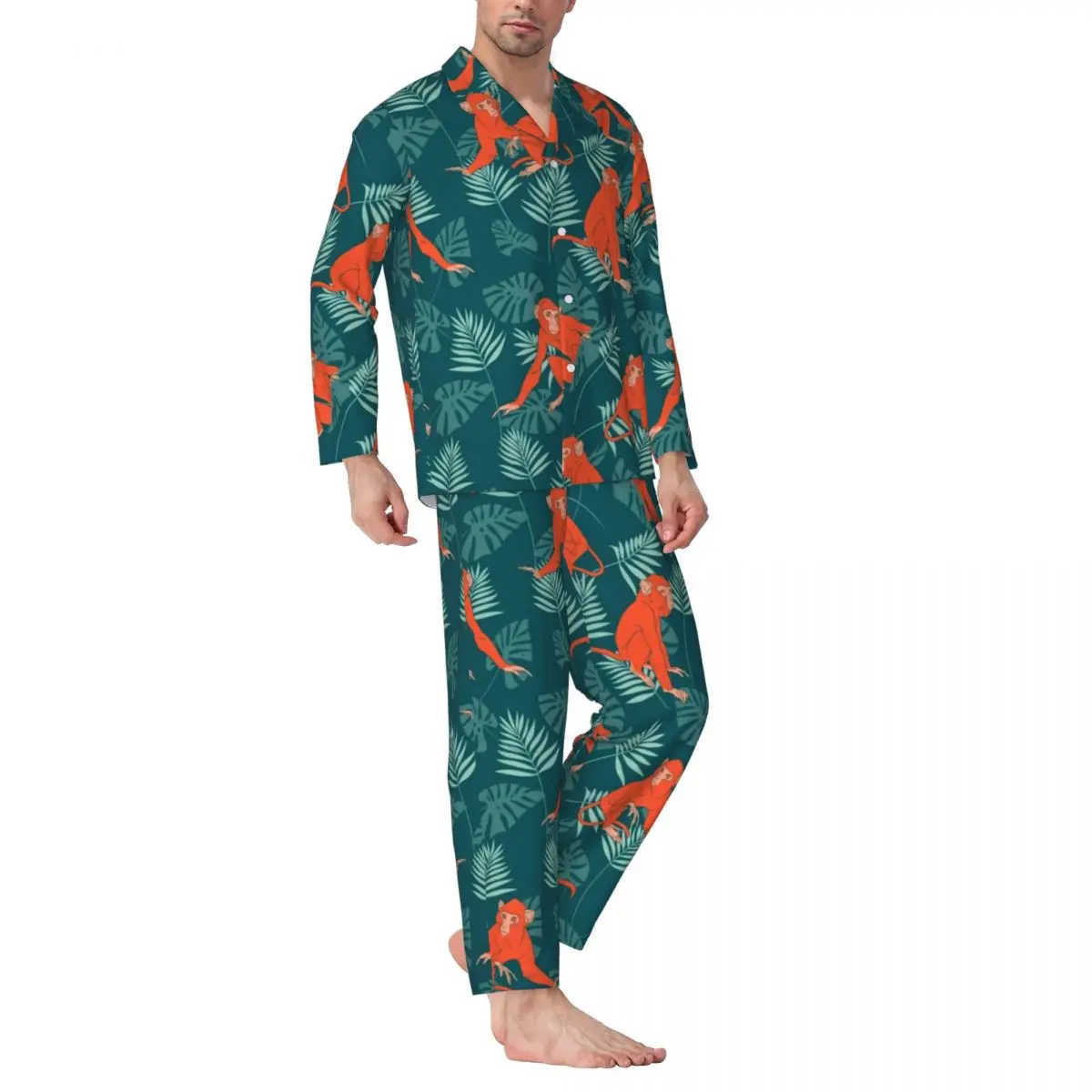 

Monkey Forest Sleepwear Autumn Green Leaves Print Oversized Pajamas Set Mens Long-Sleeve Romantic Bedroom Custom Home Suit