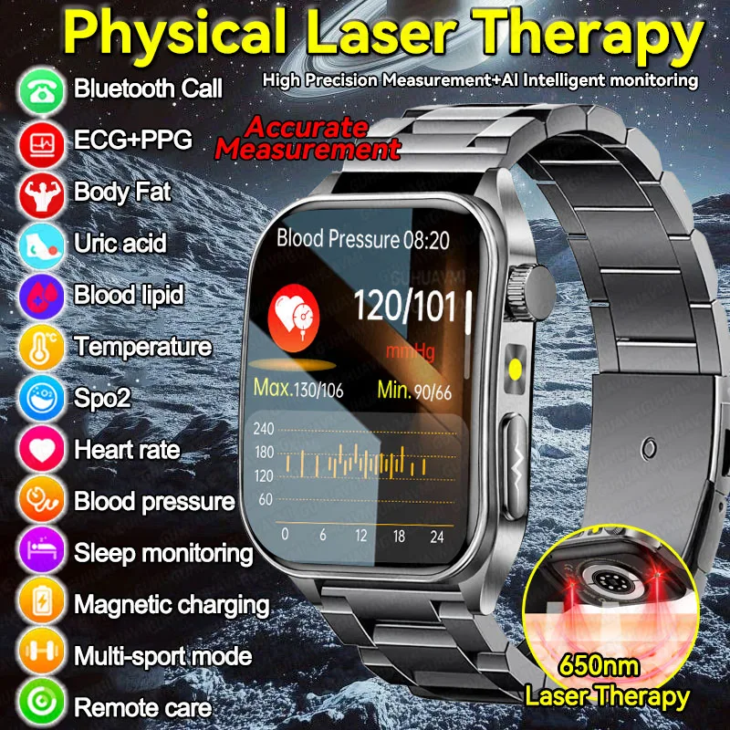2025 New Blood Pressure 650nm Laser Therapy Diagnosis Smartwatches Men Women Clock Uric Acid Lipid  Heart rate Smart Watch IOS