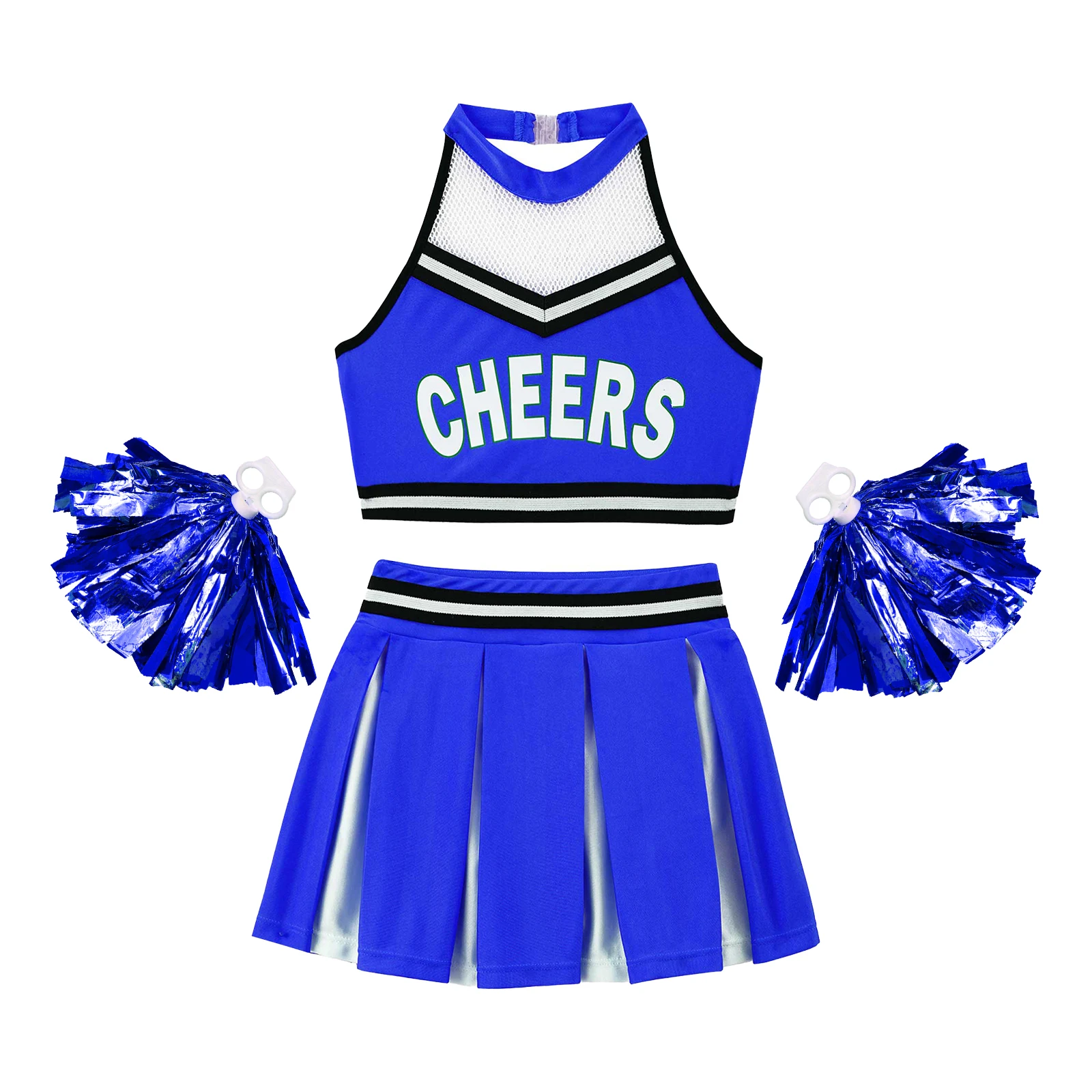 Kids Girls Cheerleader Dance Costume Halter Neck Backless Crop Top with Elastic Waistband Pleated Skirt Cheerleading Uniform