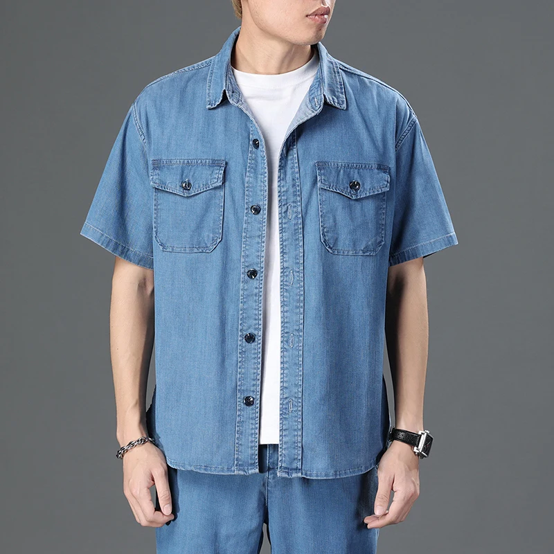 2020 Summer Fashion Blue Jeans Shirt Men Short Sleeve Cotton Solid Casual  Shirts Male Denim Shirt Slim Fit - AliExpress