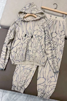 High Quality Early Spring Cashmere Knitted Printed Hoodie with Drawstring Pants