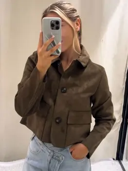 سترة خريف HH للنساء معطف كلاسيكي من جلد الغزال الصلب بأكمام طويلة وياقة مقلوبة سترات قصيرة موضة ملابس خارجية عالية الشارع