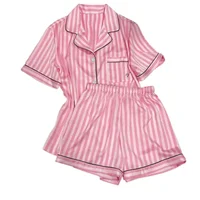 Women Summer Pajamas Short-Sleeved Lapels and High-Quality Pink Striped NightWear Loungewear Two-Piece Set ladies sleepwear - Image 6