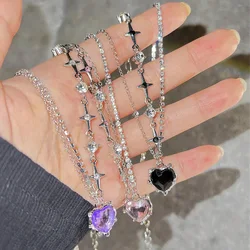 Pink Crystal Heart Pendant Necklaces Bowknot Rings for Women Girls Y2k Kpop Sweet Cool Open Finger Rings Party Jewelry Set Gift