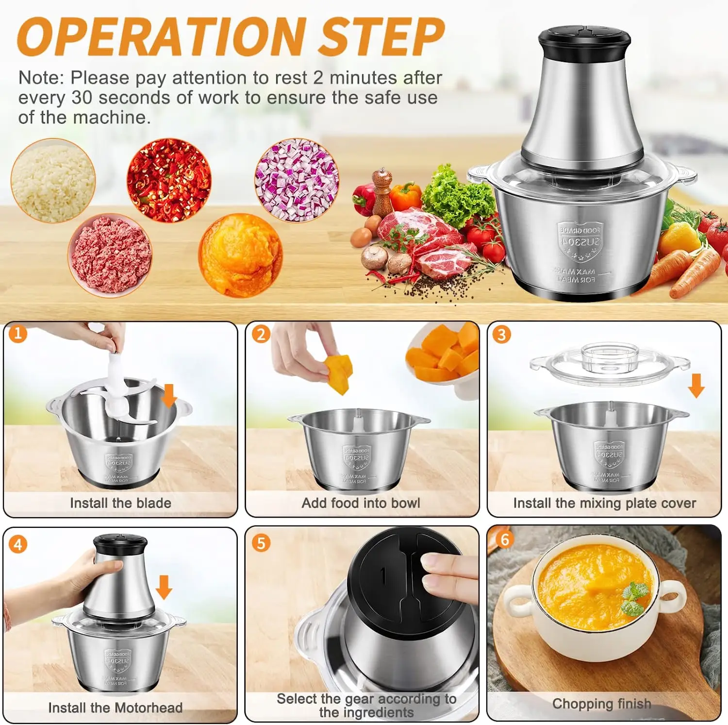 Electric Meat Grinder Stainless Steel Food Processor Chopper Kitchen Utensils Vegetable and Fruit Chopper Household Grinder 6