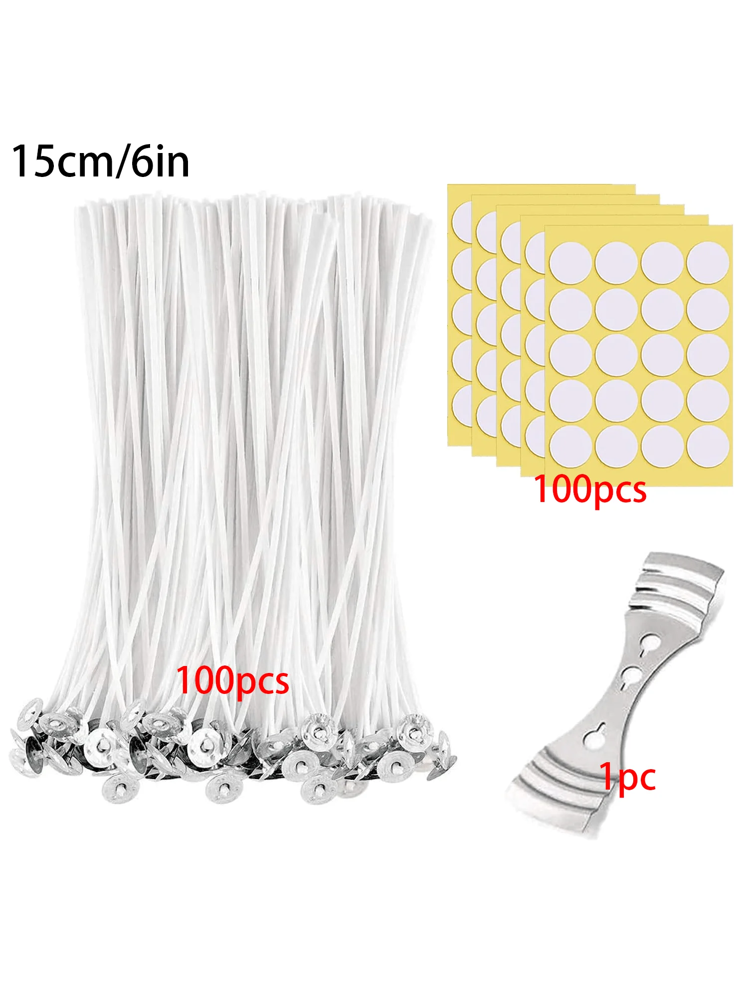 100 Piece 6inch Cotton Candle Wick Coated with Paraffin 100 Pieces Wick Sticker 1 Piece Metal Wick Holder for DIY Soy Beeswax Making