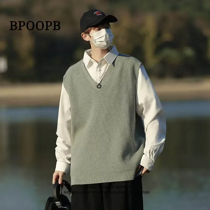 Japanese Style Casual Men's Sweatvest Loose Fit Shoulder Vest V-neck Knitted Top Shirt Sleeve Two-piece Illusion