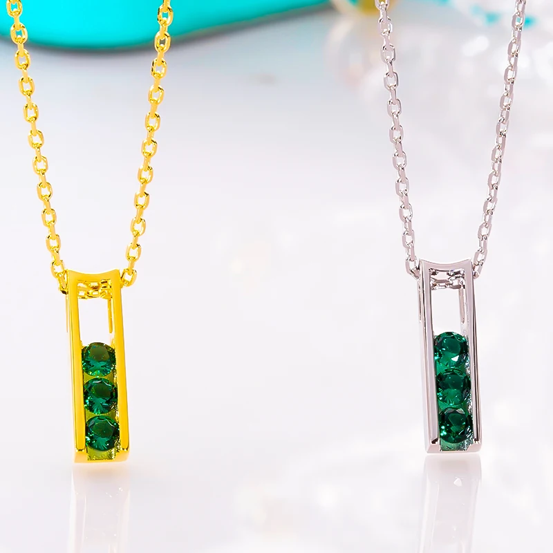 

QINHUAN Yellow Golden Necklace Emerald Pendants Cubic Zirconia S925 Sterling Silver 18K Gold Plated for Women Fine Jewelry Au750