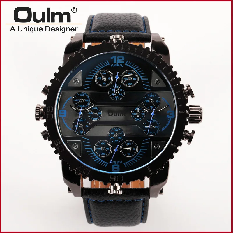 

Oulm Casual Big Dial Men Watches Brand Luxury Male Clock Military Leather Sport Mens Wrist Watch 4 Time Zone Relogio Masculino