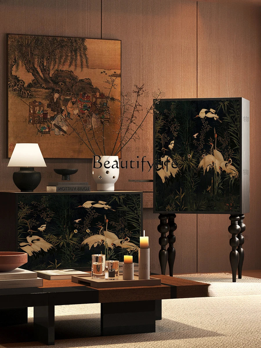 

French Chinese Style Hand-Painted Living Room Storage Storage Integrated Multifunctional Solid Wood Decoration High Foot Cabinet