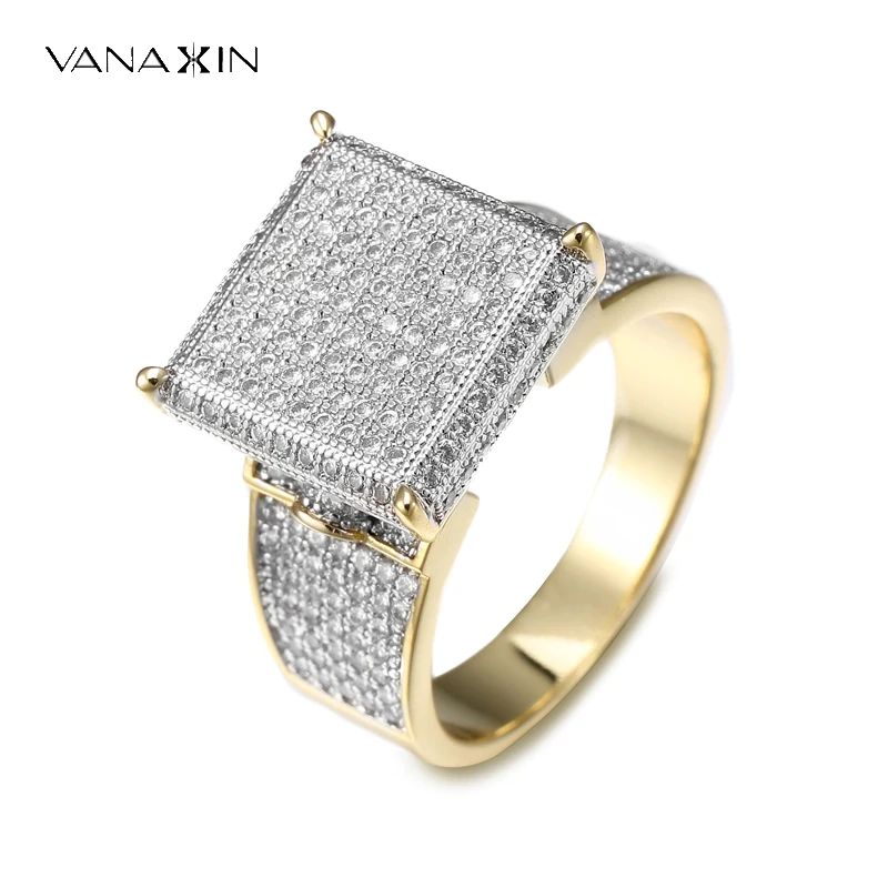 

VANAXIN High Quality Square Hip Hop Rings For Men Micro Paved AAA Cubic Zirconia Copper Iced Out Gift