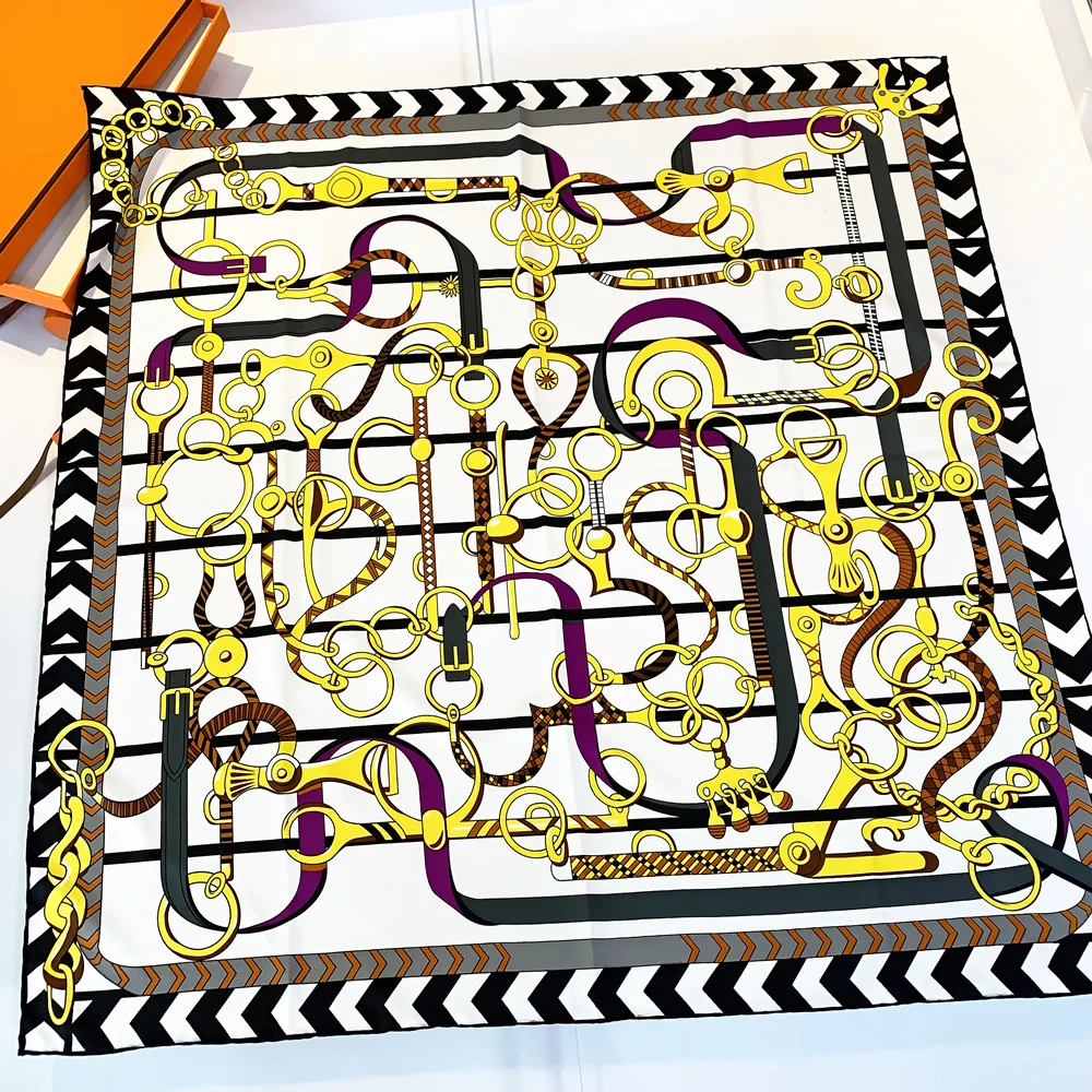 

90cm*90cm Luxury Brand Twill Silk Large Scarf Women Chain Printed Twill Square Shawl Fashion Scarves Muslim Hijab
