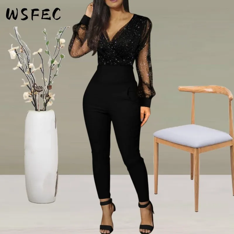 

WSFEC 2023 New Fashion Sexy Jumpsuits Women Clothing Patchwork Long Sleeve Mesh Bodycon Club Party Long Romper Female Outfits