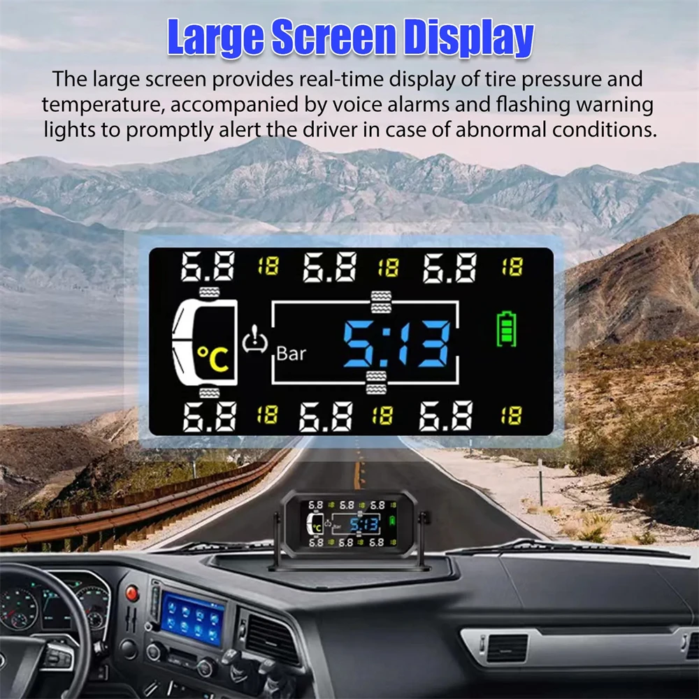 Car TPMS Solar Tire Pressure Monitoring System HD Color Screen Tire Pressure Temperature Safety Alarm with 6 External Sensors