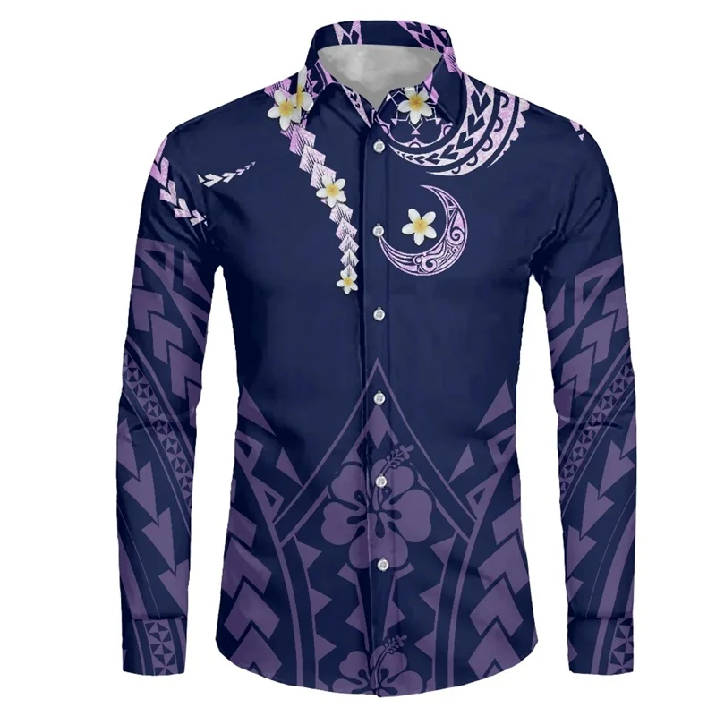 thumbnail image 1 of Camisas hawaianas con estampado 3D de tribu polinesia, camisas casuales de manga larga con cuello alto, blusa con botones para hombre, ropa de otoño, 1 of 5