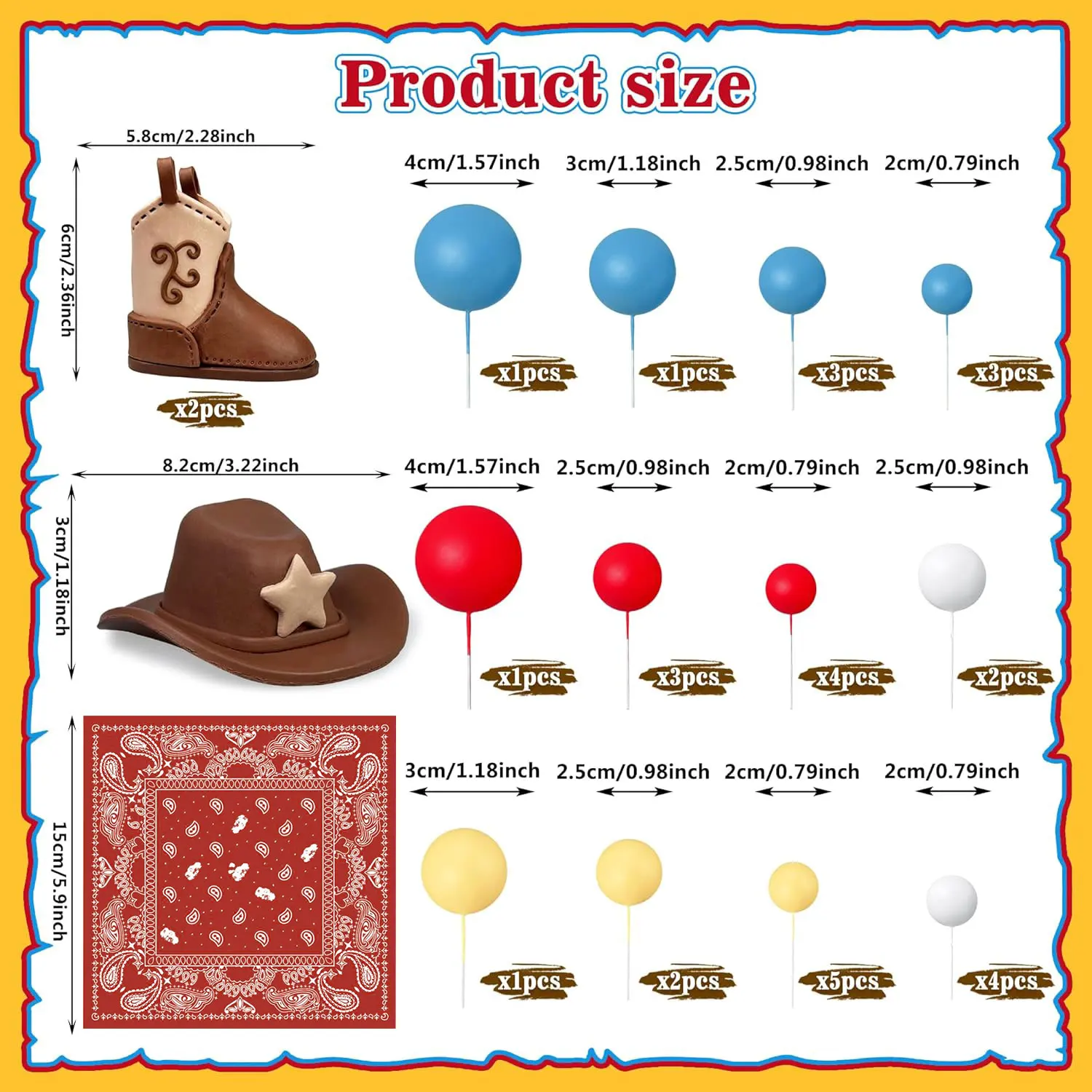 34 Stück roter quadratischer Schal, Cowboyhut und Stiefel, Kuchendeckel, rot, gelb, blau, weiß, Schaumstoffball für Cowboy-Thema, Geburtstag, Babyparty – Detail 2