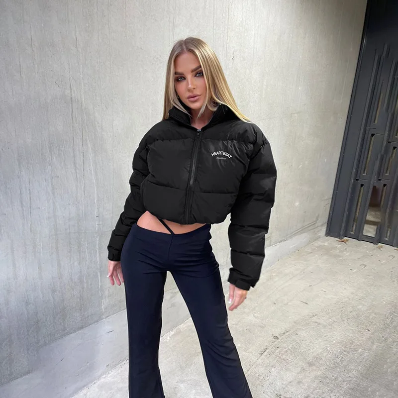 

Winter Black Printed Letters Long-Sleeved Stand Collar Zipper Casual Jacket Women's Casual Loose Padded Coat