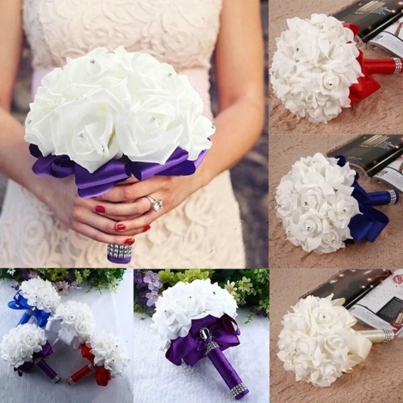 

6 Colors Crystal Roses Pearl Bridesmaid Wedding Bouquet Bridal Artificial Silk Flowers Center Pieces Hybrid