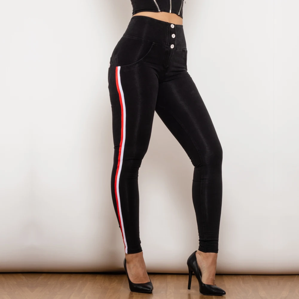 

Shascullfites Melody Black Denim Striped Lift Jeggings Tapered High Waist Button Fly Butt Lift Pants Shaping Fitness Jeans