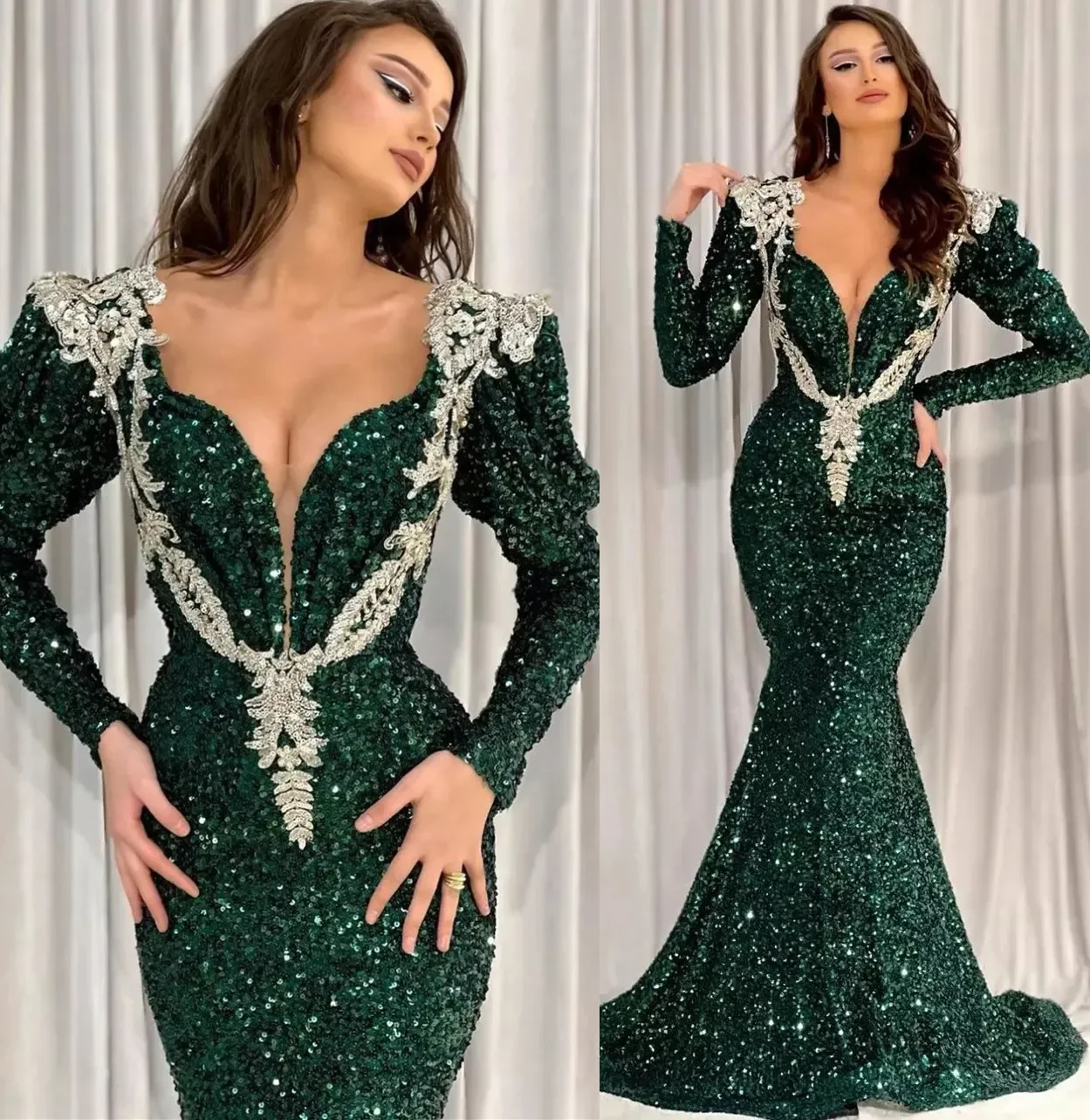 

Arabic Aso Ebi Dark Green Mermaid Prom Dresses Lace Long Sleeves Evening Formal Party Second Reception Birthday Engagement Gowns