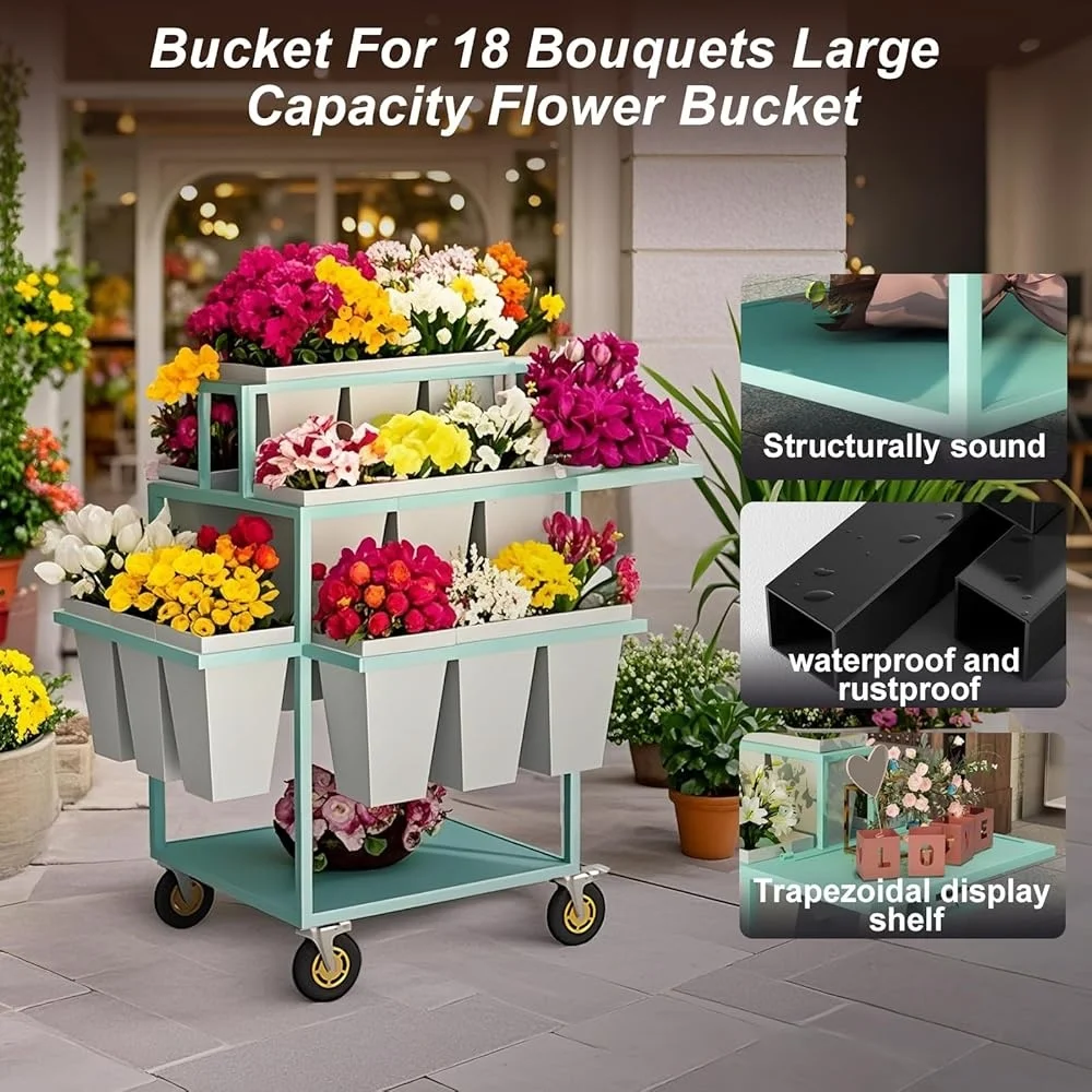 Metal Flower Display Cart 6 Tier Stand with 18 Buckets Rolling Plant Shelf Indoor Outdoor Gardening Decor